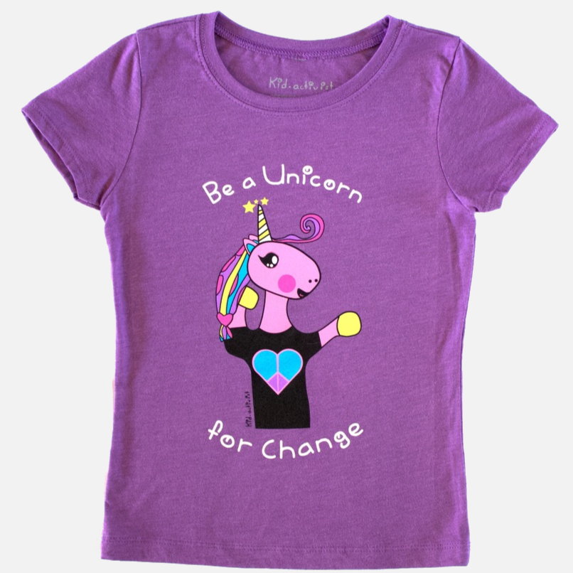 Unicorn For Change, Premium Youth Girls Tee - Purple Berry Shirt, this kid.activist product gives back to your choice of non-profits!