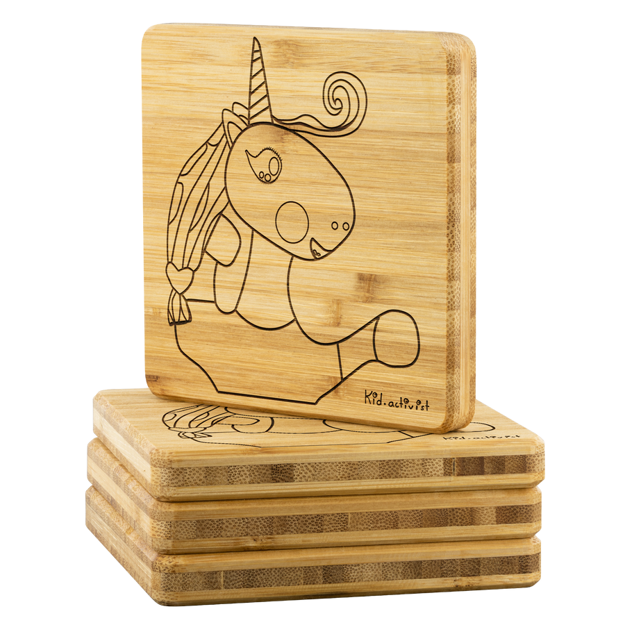 EcoFriendly Bamboo Coasters, Unicorn Coasters, this kid.activist product gives back to your choice of non-profits!